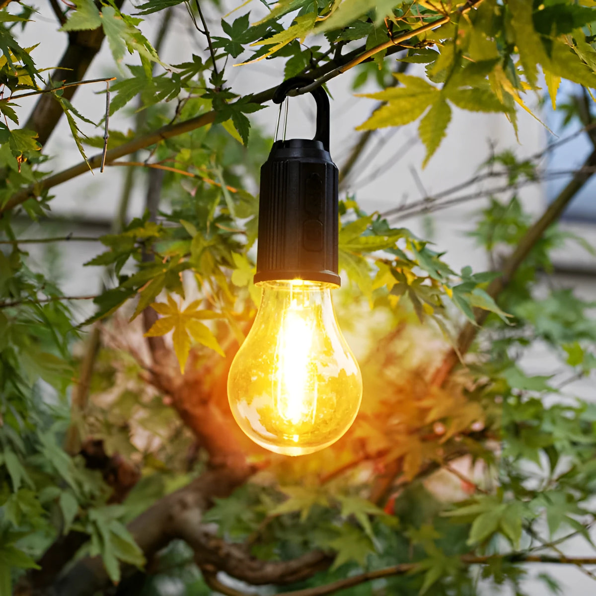Five solar-powered outdoor lantern-style light bulbs with warm LED illumination