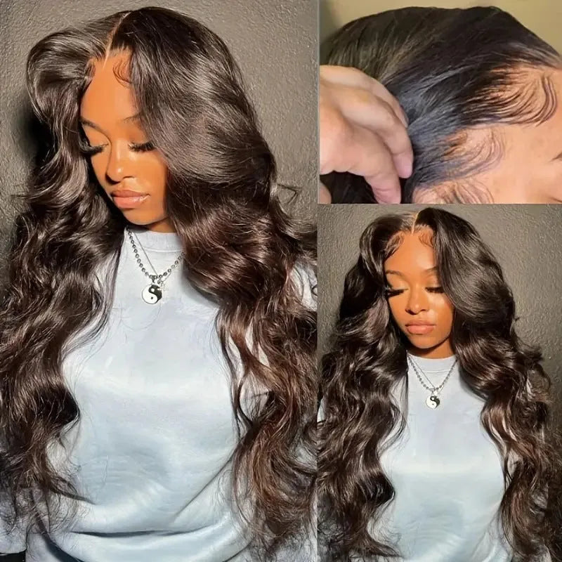 Women's front lace wig with long curly hair and side bangs in LY082 dark brown colour, showing lace front detail