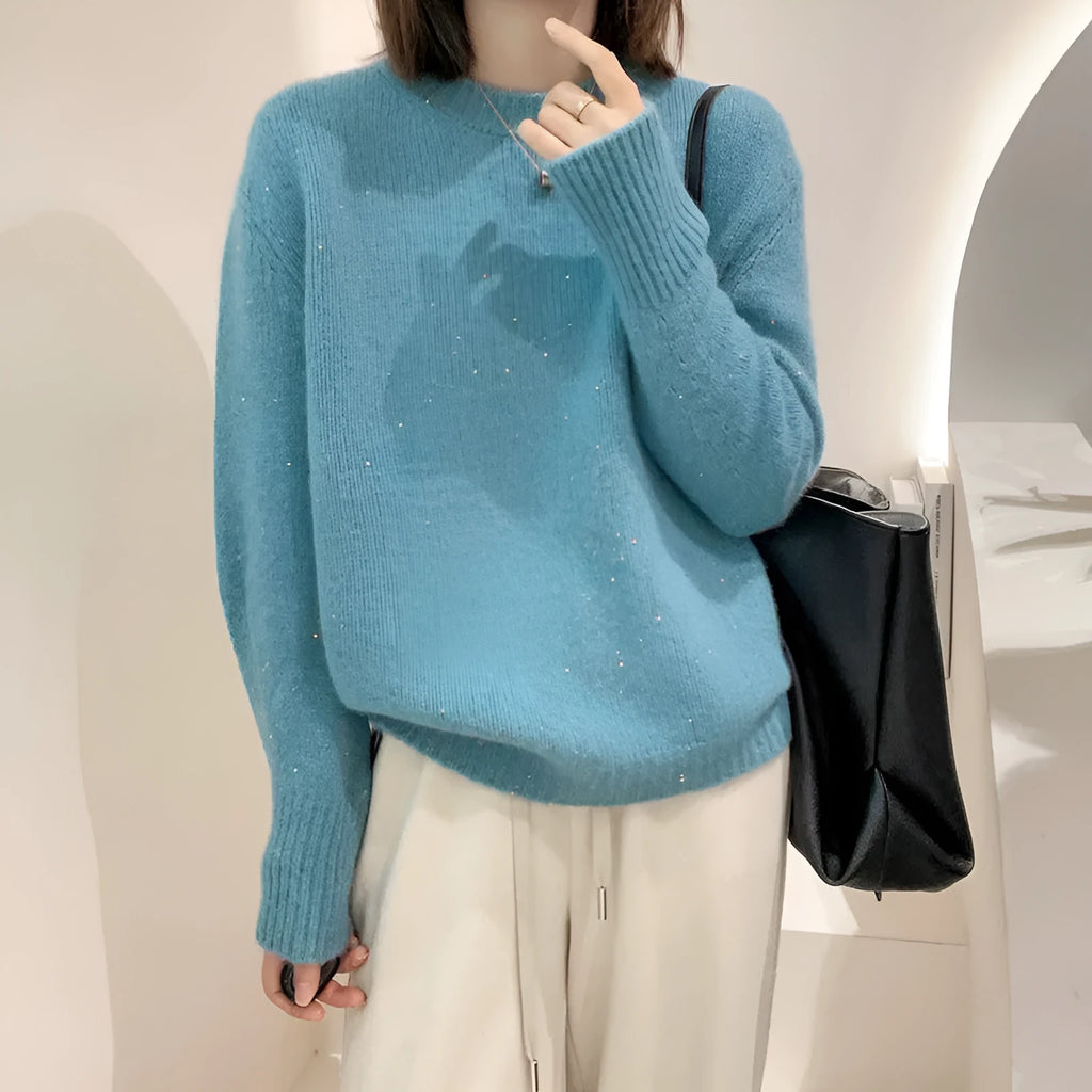 Women's long sleeve round neck pullover top in sky blue, loose fit, free size 85-135