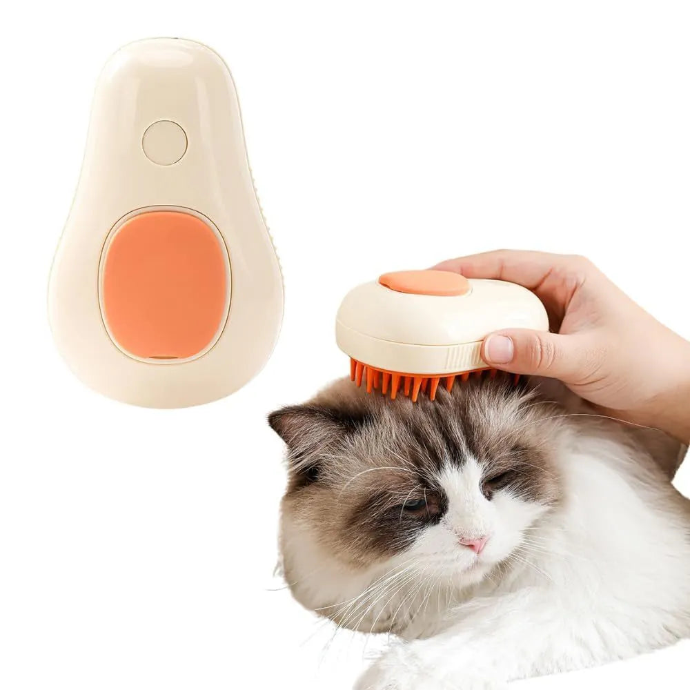 Green and white cat steam brush with water spray function, measuring 11cm by 7.5cm by 5.5cm