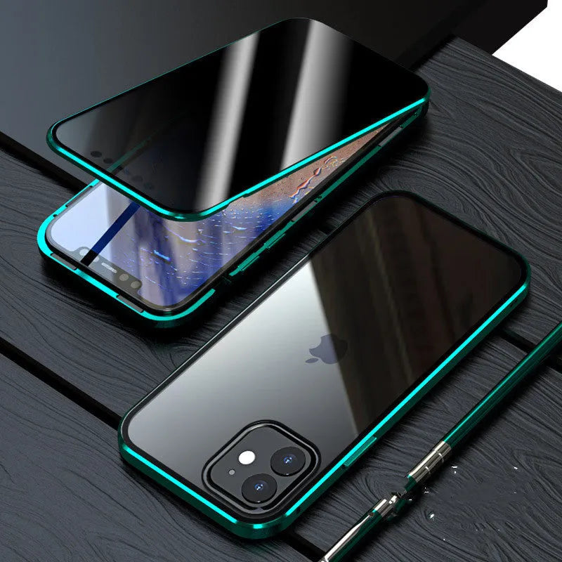 Magnetic privacy glass phone case in black for iPhone, showing metal frame and tempered glass back.