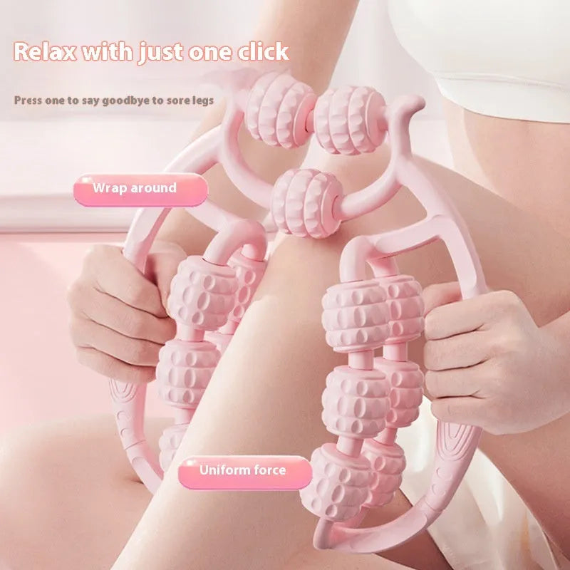 Handheld ring clip leg massage roller in choice of colours with double-row wheels.