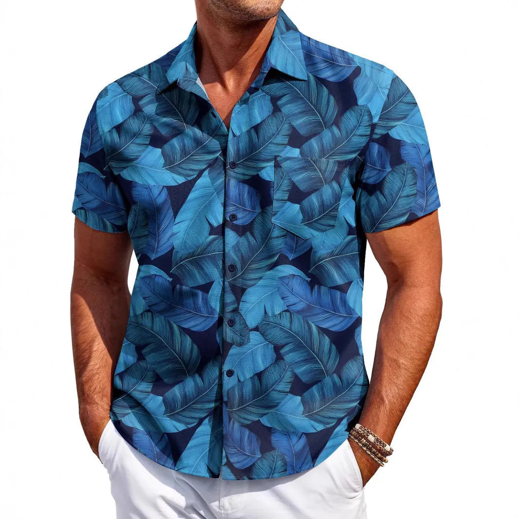 Men's slim fit short sleeve cardigan shirt in elastic polyester, sizes S-6XL, summer daily wear