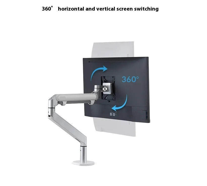 Silver aluminium alloy laptop stand with adjustable height and 360-degree rotation on a wooden desk