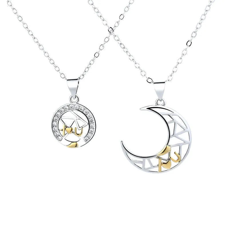 Sun Moon Tooth Couple Necklace with copper electroplated pendants showing sun and moon symbols on cross chain