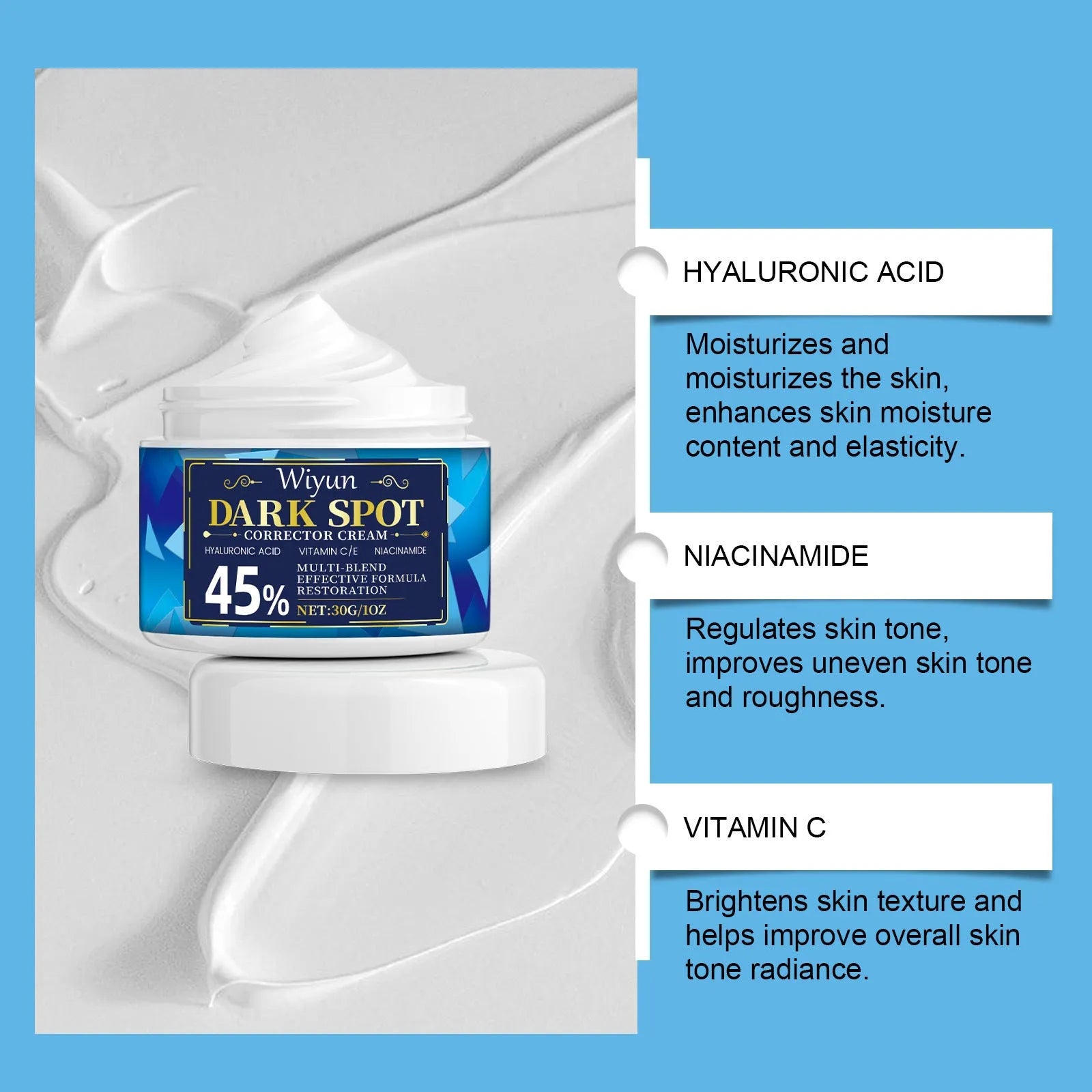 30g jar of dark spot corrector cream with hyaluronic acid and vitamin C.