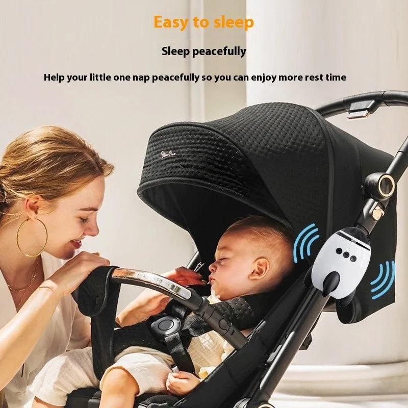 White baby stroller shaking device with automatic motion and Bluetooth for white noise, measuring 12x9.3x8cm