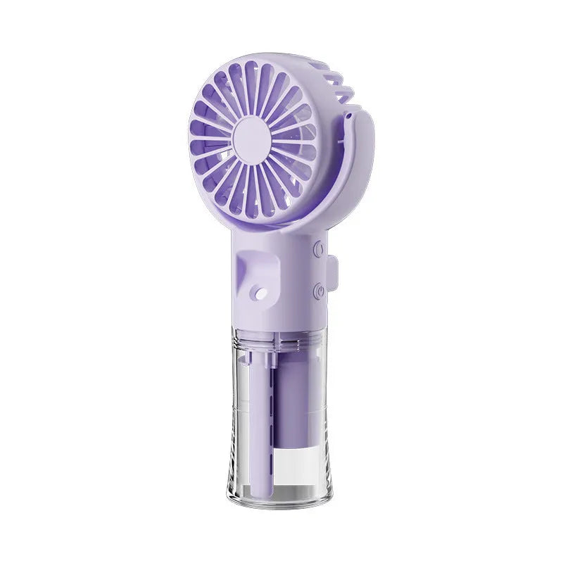Handheld portable mist fan in various colours with transparent water tank and control button.