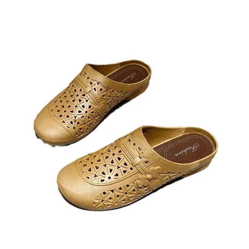 PVC fairy style half slippers with flat toe box and hollow out pattern