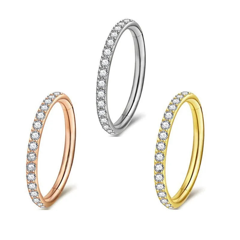 Stainless steel seamless nose ring in round shape with electroplated colour options, showing size variations