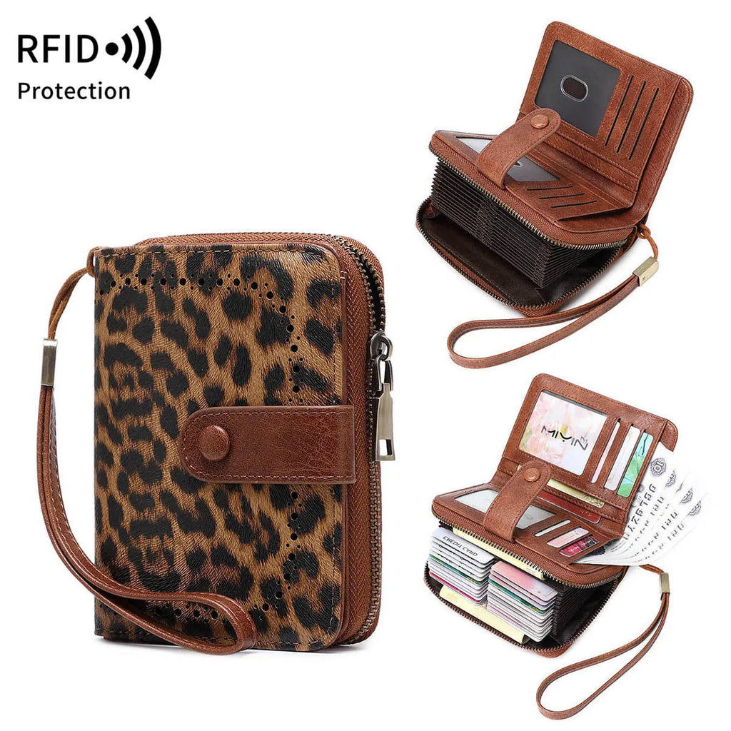 Leopard print retro small wallet with zipper, hollow stitching, and anti-theft card slot in various colour options.