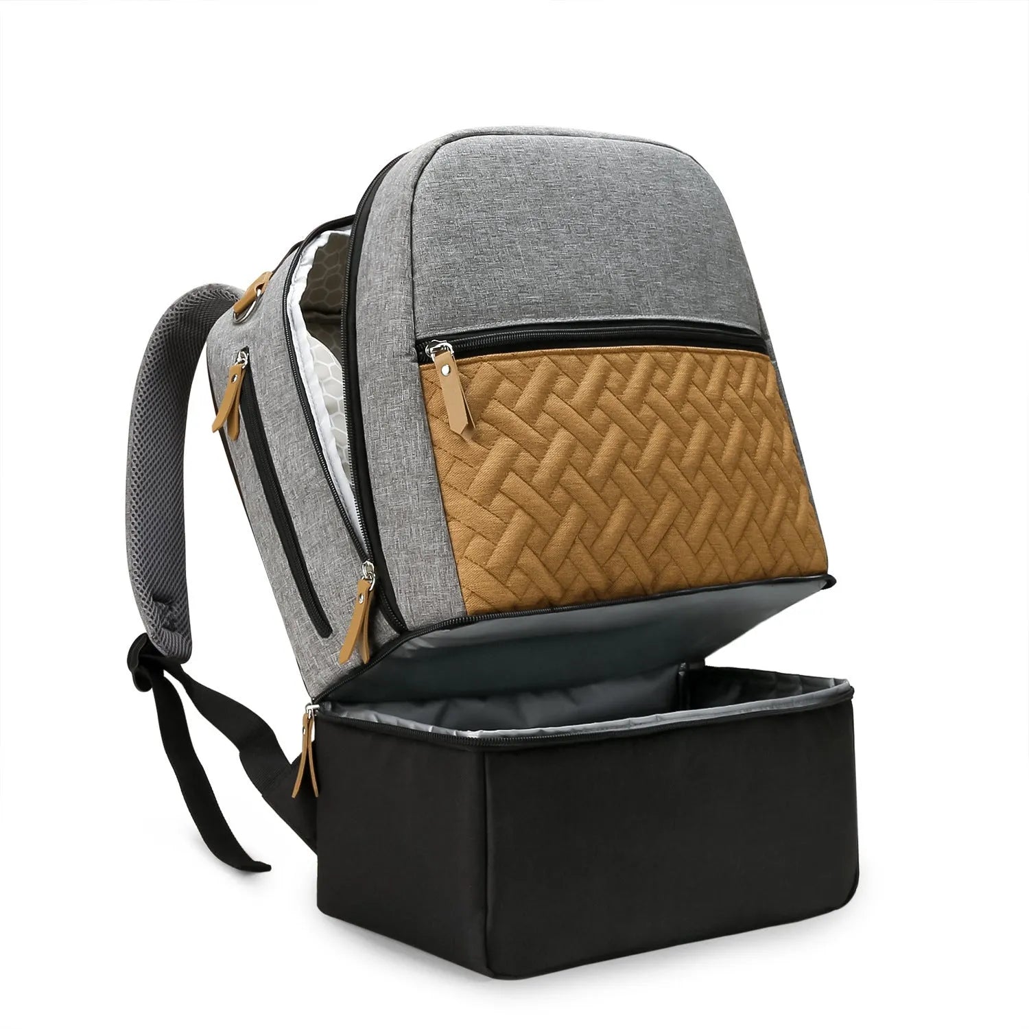 Gray insulated mother and child travel backpack with curved shoulder straps showing multiple compartments
