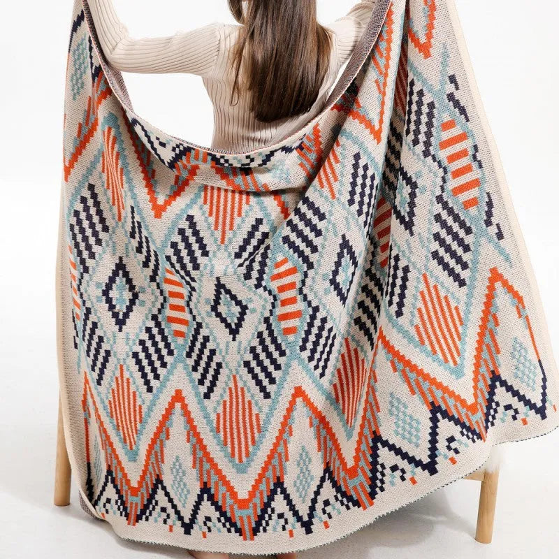 Bohemian sofa cover blanket with tassel trim in geometric pattern, dimensions 130cm width, available in multiple lengths and colours.