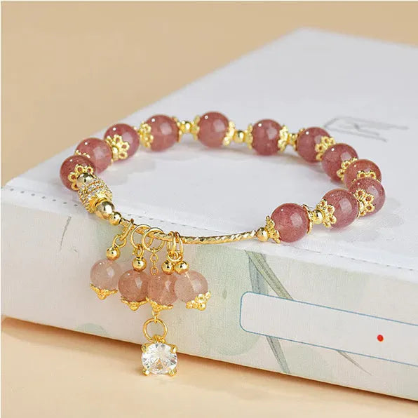 Pink strawberry quartz crystal heart bracelet with pearl beads for women