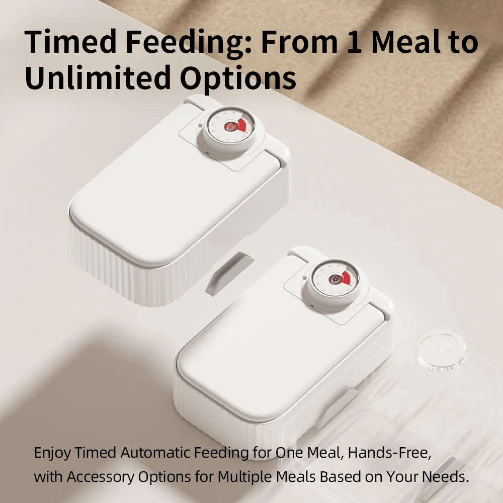 White automated pet feeder with timer display and a removable ice crystal cooling box underneath.