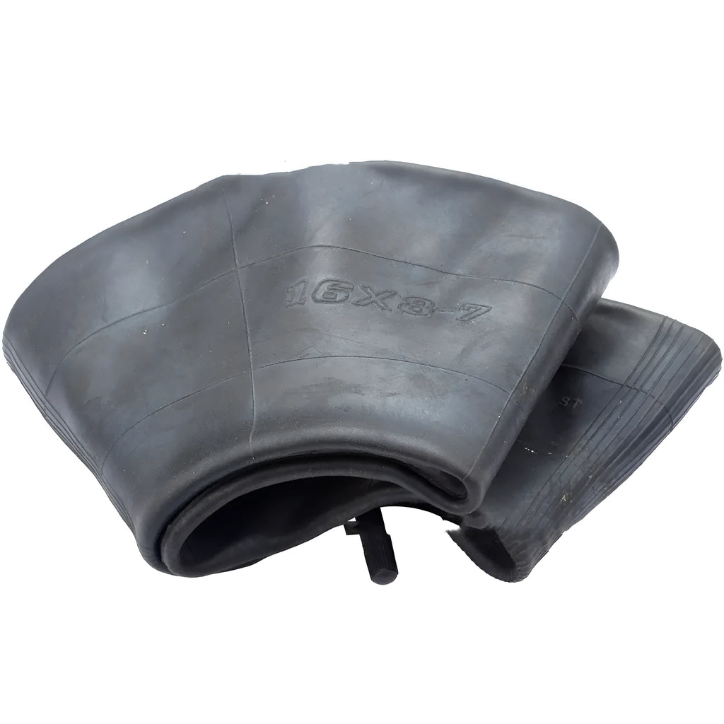 Set of two black 16x8.00-7 inner tubes with TR13 straight valve stems and four dust caps