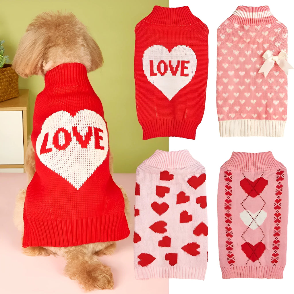 Red love heart dog sweater with bow decoration on a small breed pet, showing acrylic knit and fit