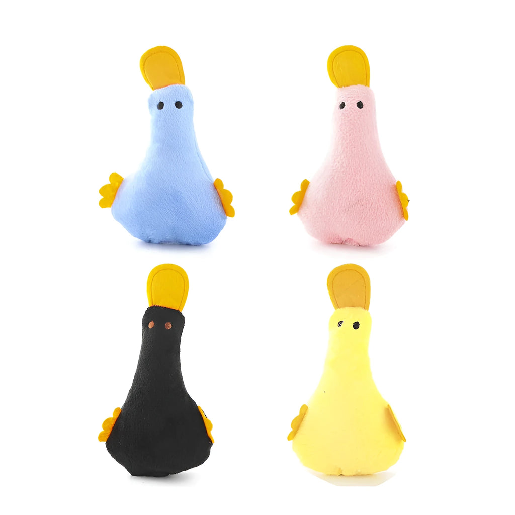 Soft plush duck toy in yellow with black details, shown with a cat and dog, highlighting its catnip filling and squeaker.