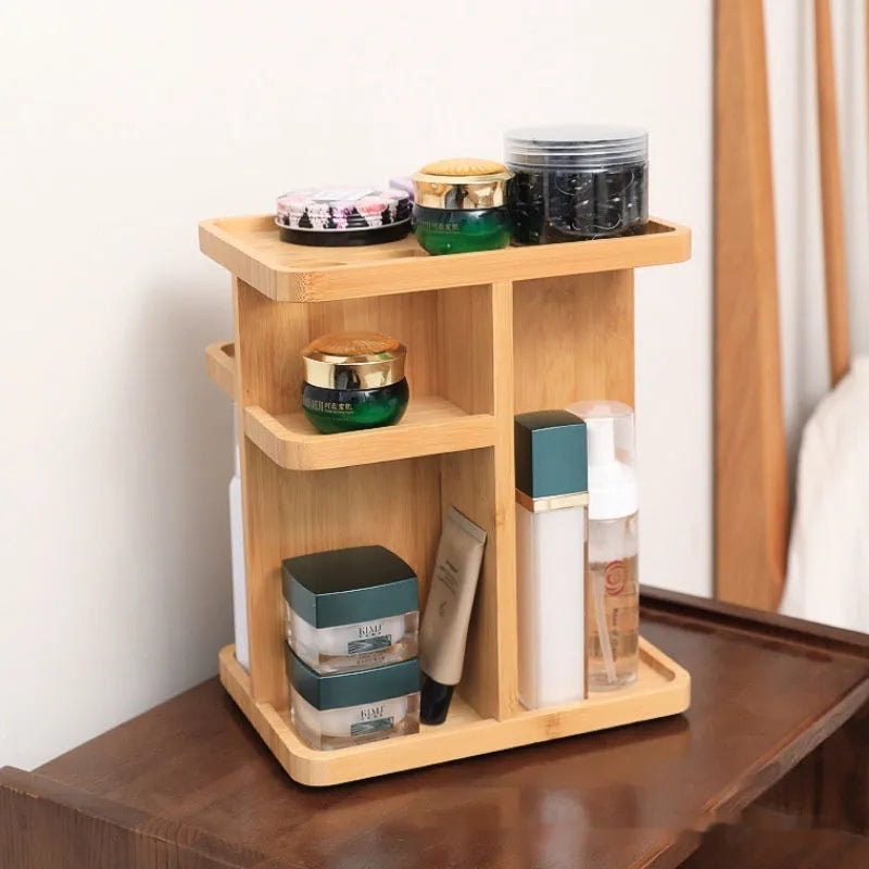 Bamboo rotating storage rack with multiple layers and grid compartments