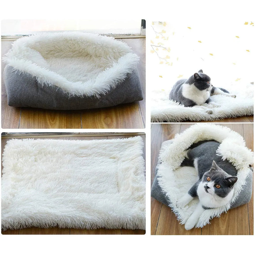 Grey double layer pet blanket nest with fluffy plush top and black non-slip bottom.