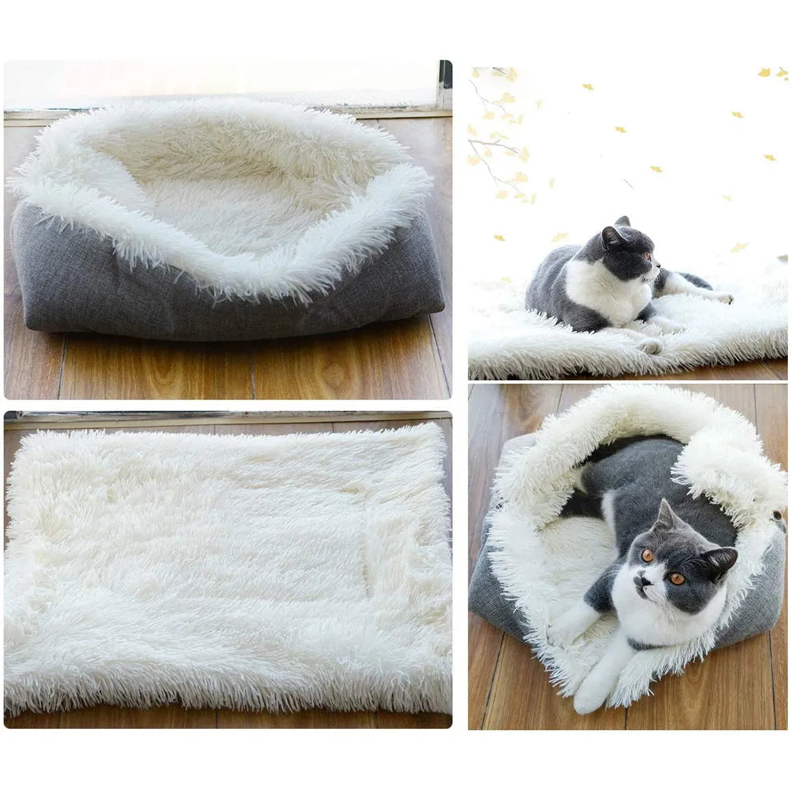 Grey double layer pet blanket nest with fluffy plush top and black non-slip bottom.