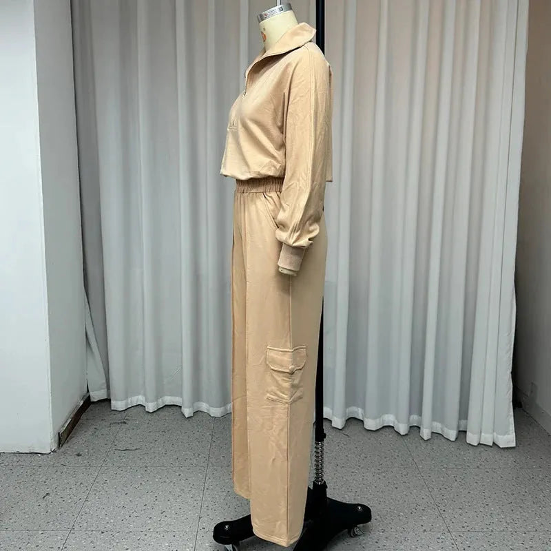 Women's light camel lapel collar top and wide leg trousers two-piece work clothes set