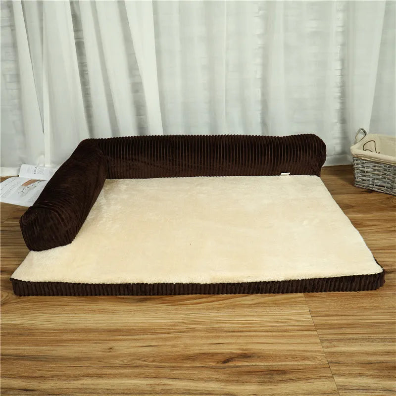 Corduroy pet sofa bed in grey with high-density sponge padding and non-slip base, size L for pets under 60 kg