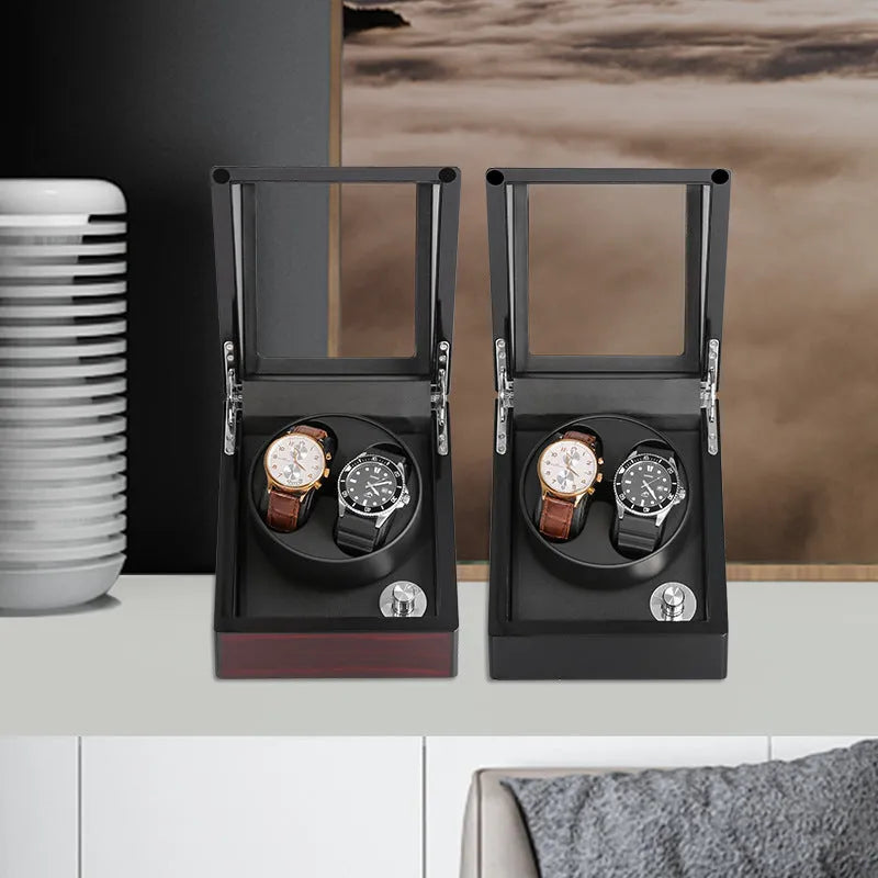 Piano lacquered watch winder with transparent acrylic window, red and black finish, 16 x 16 x 17.5 cm
