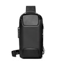 Men's canvas chest shoulder bag showing square shape, zipper, and internal phone and document organisers.