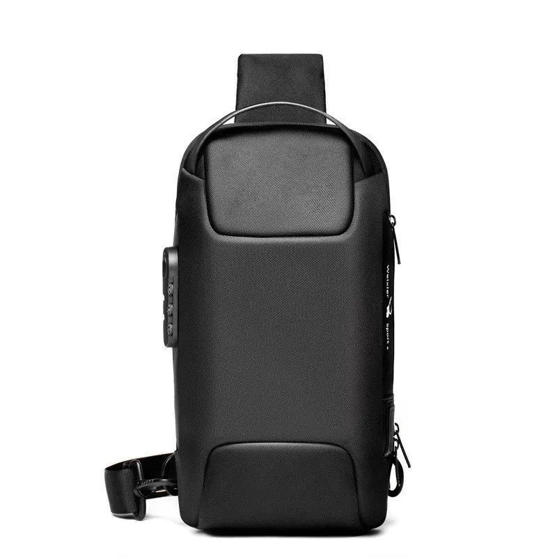 Men's canvas chest shoulder bag showing square shape, zipper, and internal phone and document organisers.