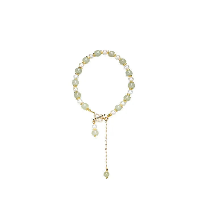 Women's Hetian jade bracelet with round pearl pendant in gold electroplated finish