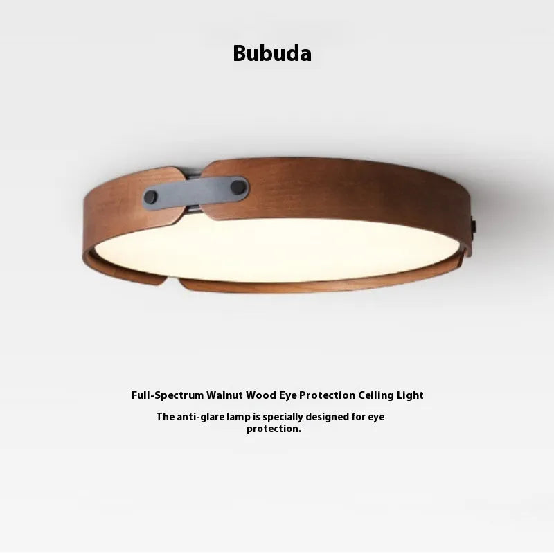 Japanese-style wooden ceiling lamp with a white PMMA shade, shown in a warm light setting.