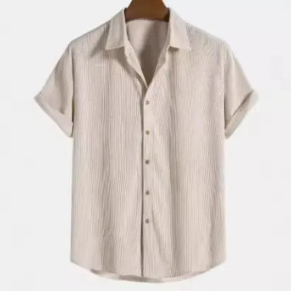 Men's casual short-sleeved cardigan shirt in polyester, shown in various colours and sizes.