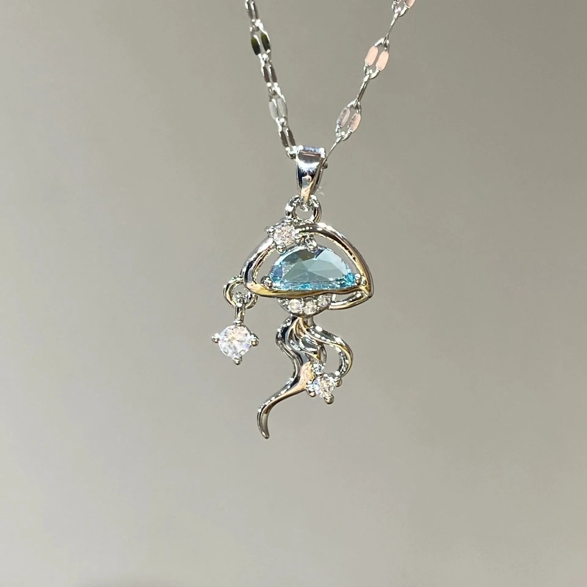 Women's blue jellyfish pendant necklace on adjustable 925 sterling silver chain