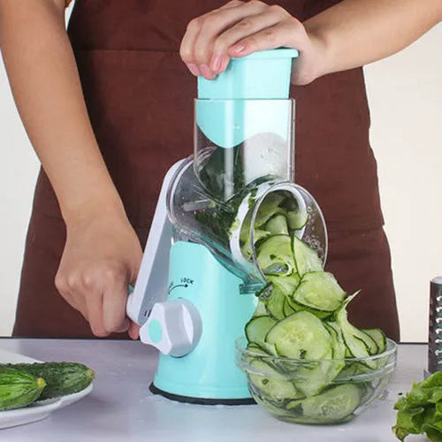 Manual round mandoline slicer vegetable cutter with stainless steel blades in blue colour