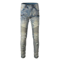 Light blue men's slim fit jeans with hand-frayed distressing on the knees and hem, showing a straight leg cut.