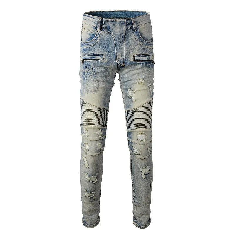 Light blue men's slim fit jeans with hand-frayed distressing on the knees and hem, showing a straight leg cut.