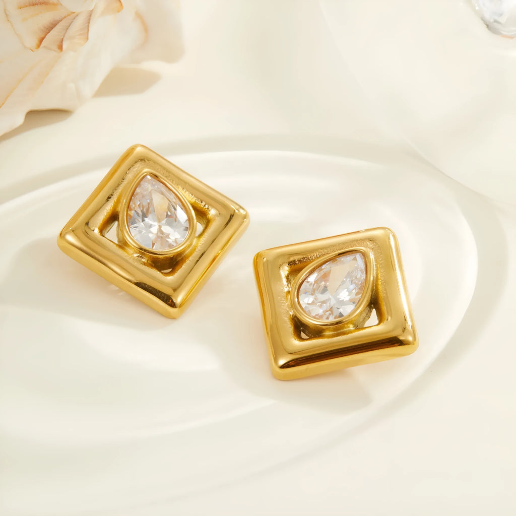 Gold geometric stud earrings with inlaid water drop zircon stones
