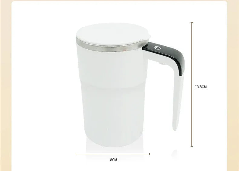 White electric stirring mug with LCD temperature display and magnetic stirrer base
