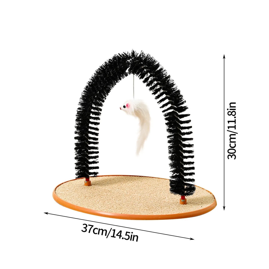 Black arch-shaped cat scratching brush with mouse toy attachment on non-slip base