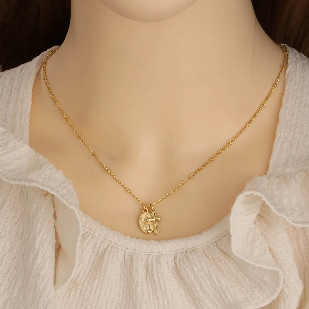 Ornament Cross Virgin Mary Necklace with geometric pendant in 18K gold plating on copper chain