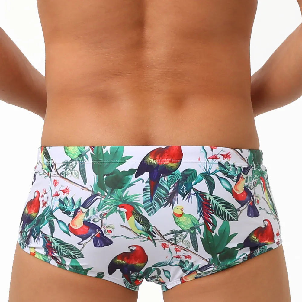 Men's swimming trunks with flower-bird print pattern in nylon small boxer style