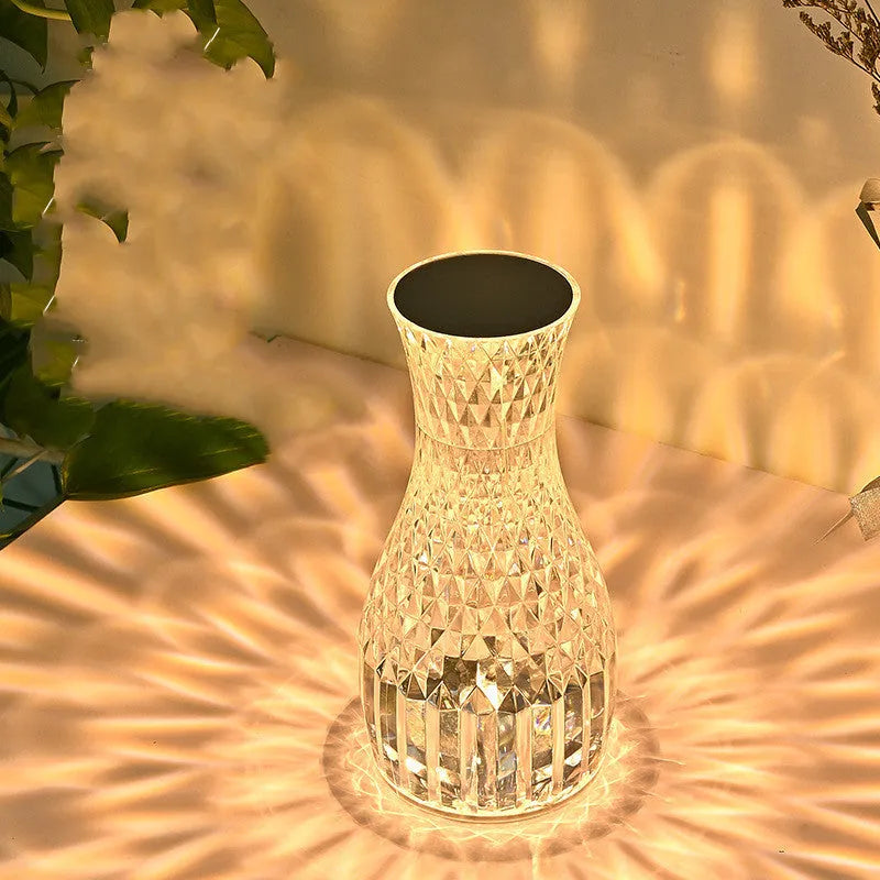 Vase-shaped crystal table lamp with remote control and USB charging port, 9cm wide by 19cm tall