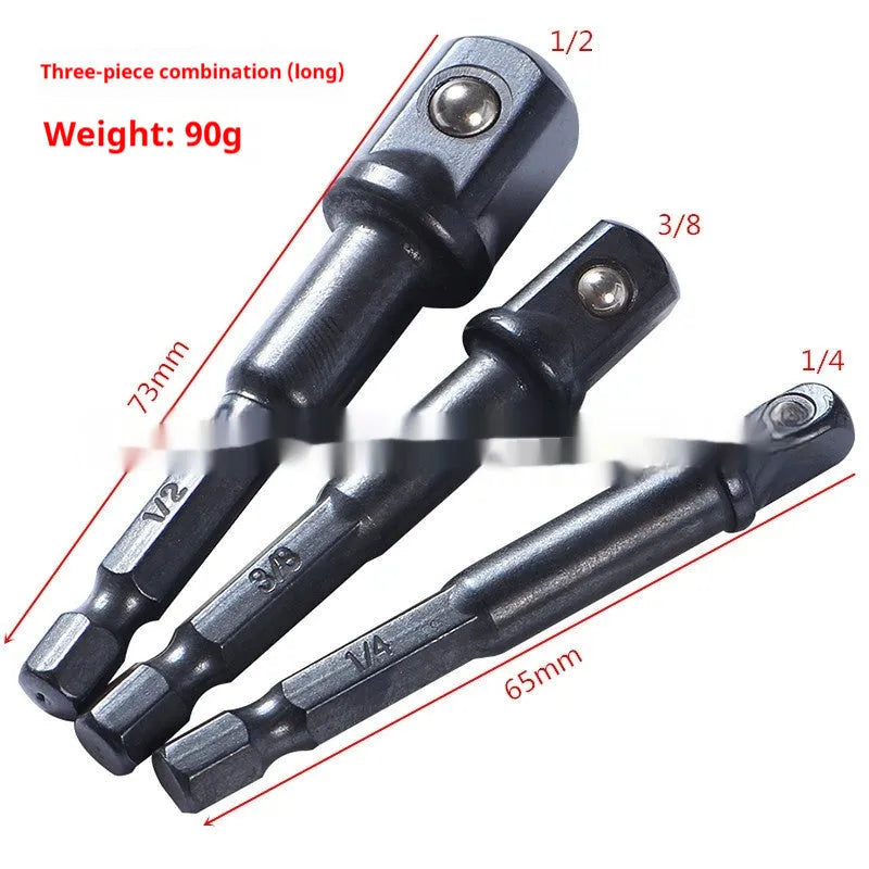 Hexagonal handle to square head socket extension rods in chrome vanadium steel with blackened surface, set of 8 pieces including long and short rods.