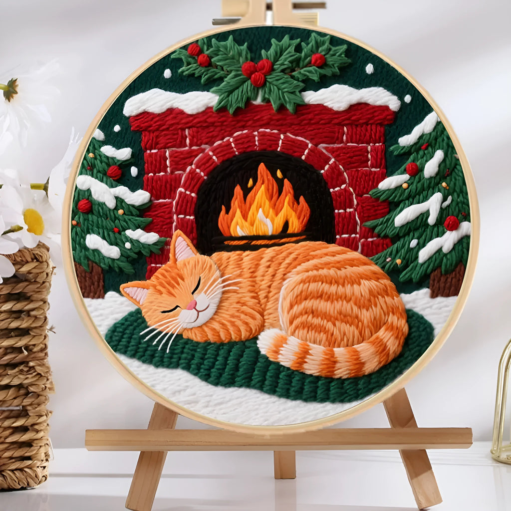DIY embroidery kit showing autumn fruit pattern on fabric in bamboo-effect hoop with embroidery scissors
