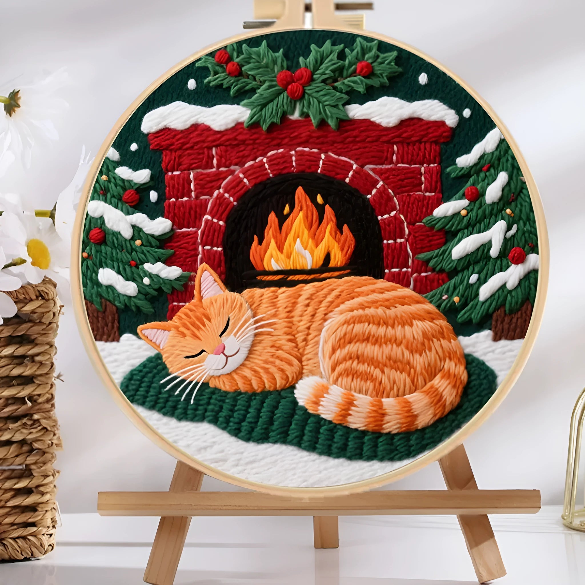 DIY embroidery kit showing autumn fruit pattern on fabric in bamboo-effect hoop with embroidery scissors