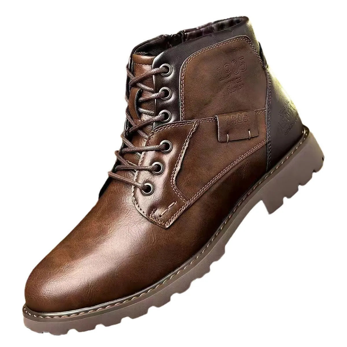Men's brown ankle boot with a side zip and round toe on a rubber sole