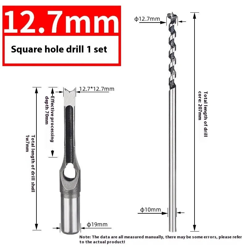 12.7mm carbon steel square hole drill bit and tapper set for woodworking.