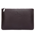Men's black PU leather clutch with six card slots, measuring 18cm by 28cm, on a table