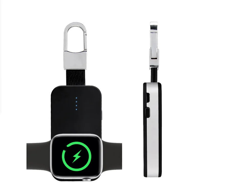 Black Apple Watch wireless charger power bank with 1000mAh battery, 8mm charging distance, compatible with 1st-4th generation models